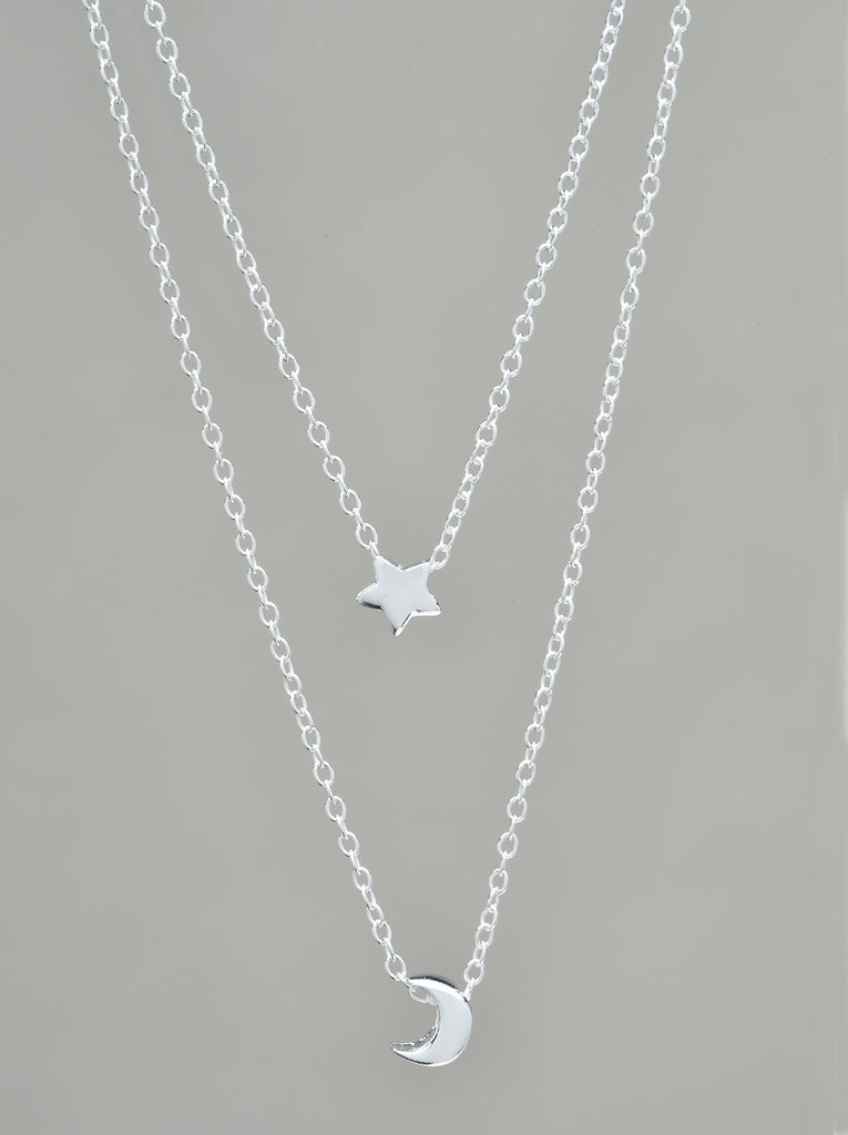 Moon and Star Layered Necklace Sterling Silver